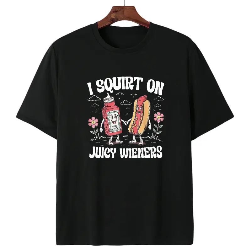 Juicy Wieners Graphic T-Shirt, Funny Hot Dog and Ketchup Cartoon Tee, Humorous T-Shirt for Casual Wear, Gift for Food Lovers and Retro Humor Fans Garment Loose Tshirt Cotton Menswear Tops