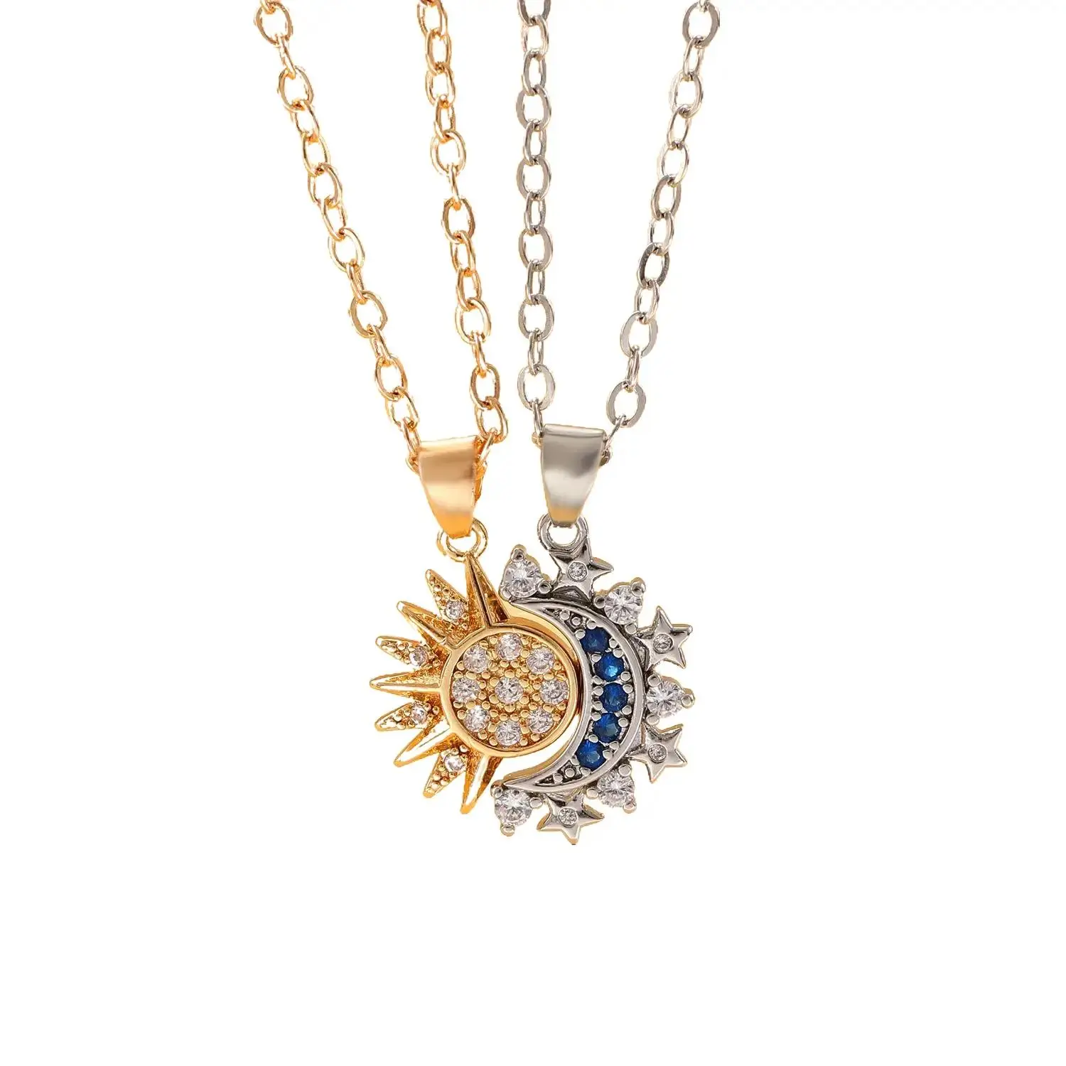 Sun and Moon Magnetic Couple Necklaces Set, High Magnetic Bi-Metal Exquisite Moon Element Build Crystal Pendant Gold Silver Costume Jewelry, High Magnetic Necklaces, Magnetic Build Necklaces