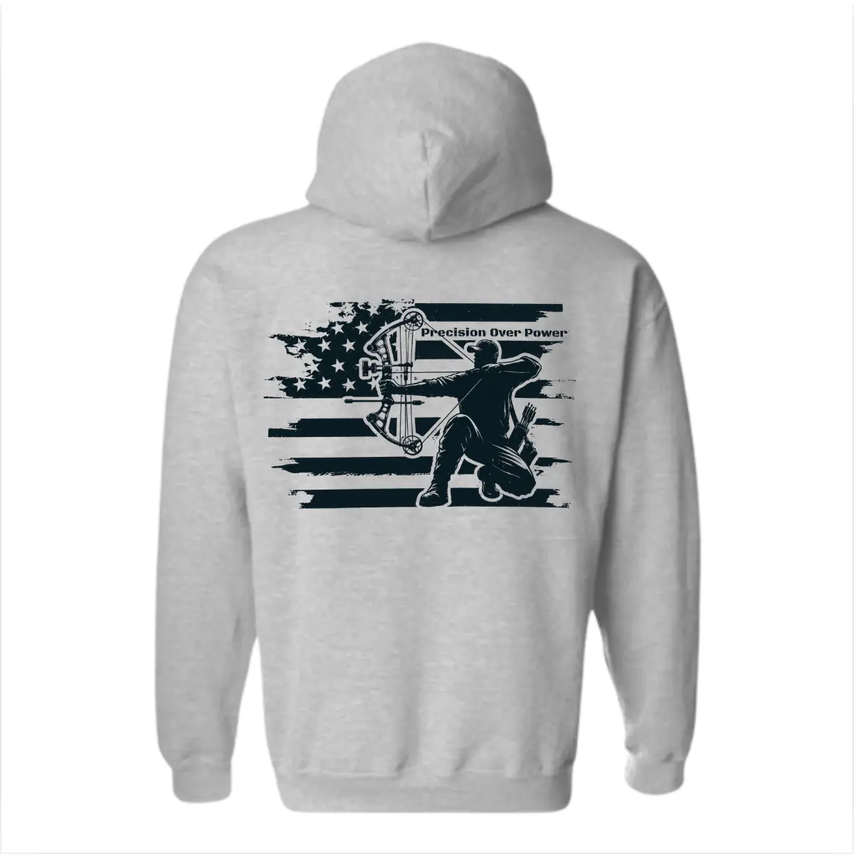 Precision Over Power Hoodie - American Flag Archery Graphic with Compound Bow Hunter, Perfect for Bowhunters and Outdoor Enthusiasts, Unisex Hoodie for Hunting Season Menswear Sweaters