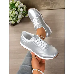 Women’s casual low-top sneakers, trendy walking shoes, silver color comfortable walking shoes, rubber sole, lace-up design, all-day wear