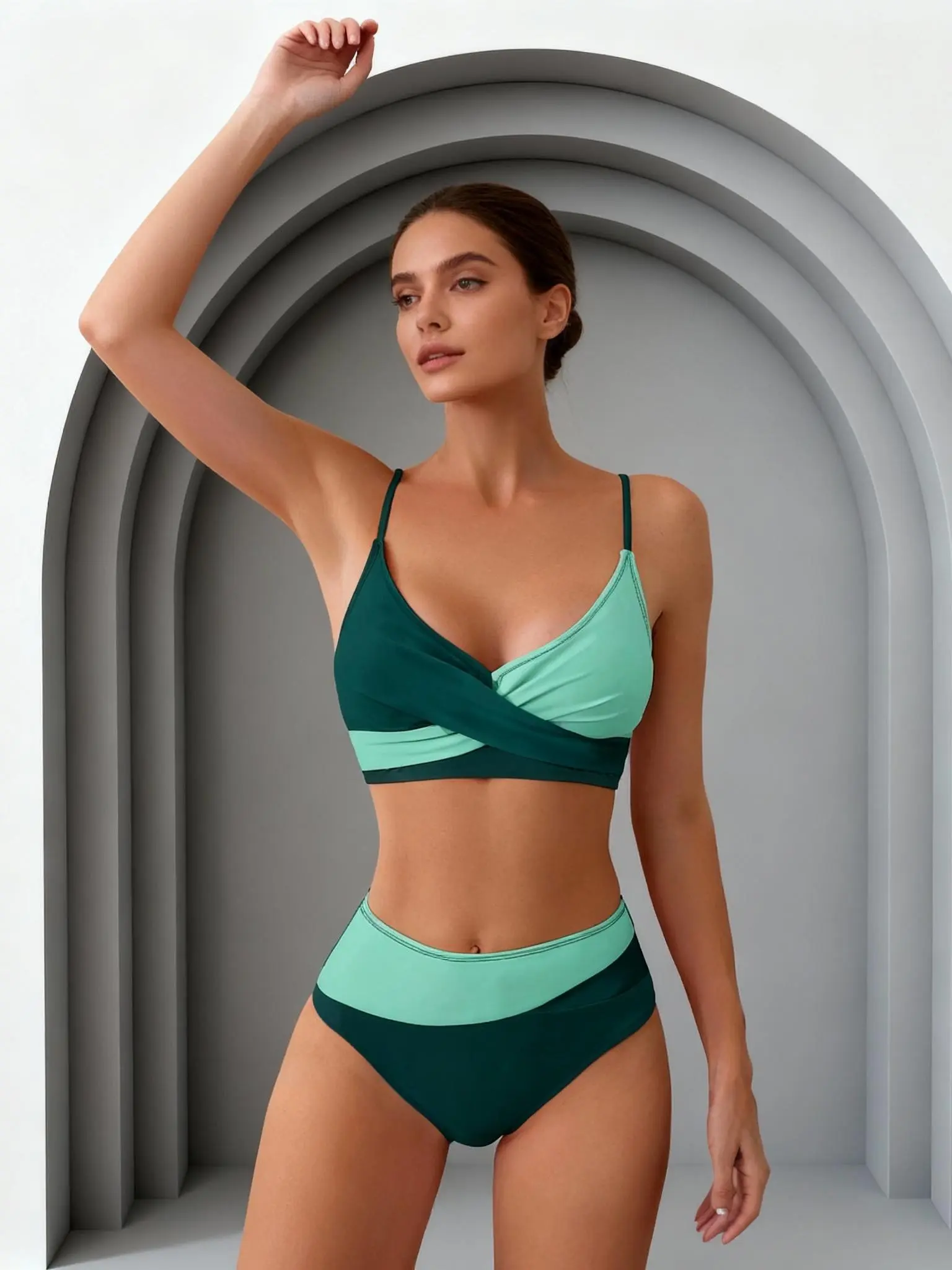 Women's 2-Piece Mint & Teal Color-Block Bikini Set - Wrap-Front Top, High-Waisted Bottoms for Sports Outdoor Swimwear
