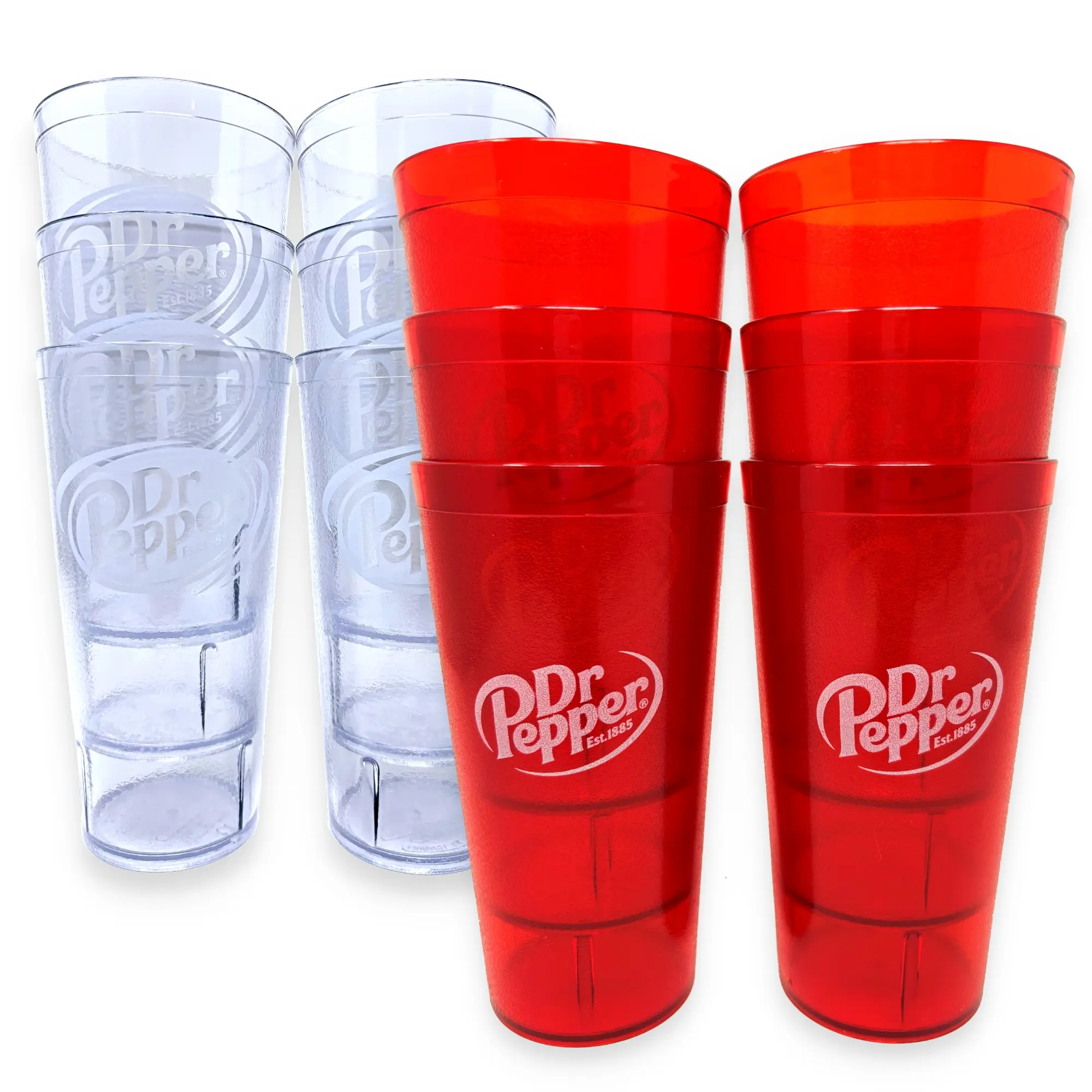 Restaurant Grade Dr. Pepper Heavy-Duty Plastic Tumblers - 20, 24, or 32oz Red or Clear Reusable, Shatterproof, Stackable, BPA Free Drinkware Cups