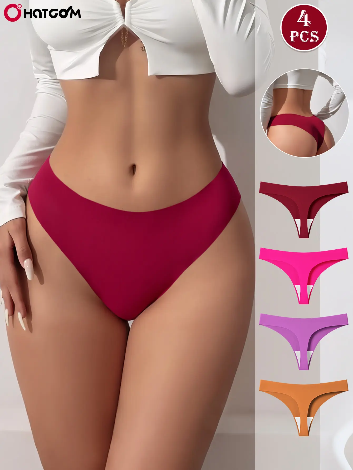 Hotcom Women's 4-Pcs Seamless Drop Waist Thong Panties - Elegant, Minimalist, Basic Women's Clothes, Soft, Comfy, Breathable, Smooth Plus Sizes Underwear for Everyday All-Season Wear, Clothes for Children's Day