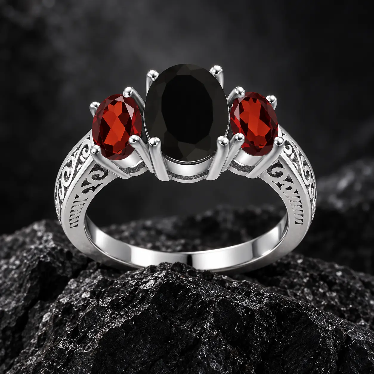 Women's S925 Sterling Silver Vintage 3-Stone Ring -  Black Onyx, Red Garnet, Synthetic Obsidian Artificial Gemstone Wedding Gift for Engagement, Promise Occasions