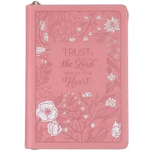 Pink Vegan Leather Zipped Journal, Inspirational Notebook Trust in the Lord Scripture, Flexible Cover, 336 Ruled Pages, Bookmark