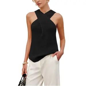 Tanming Women's Halter Cross Neck Knit Camisole - Chic, Essential, Minimalist Basic Sleeveless Ribbed Tank Top with Shoulder-Flattering Crisscross Design, Slim Fit Date Night Shirt