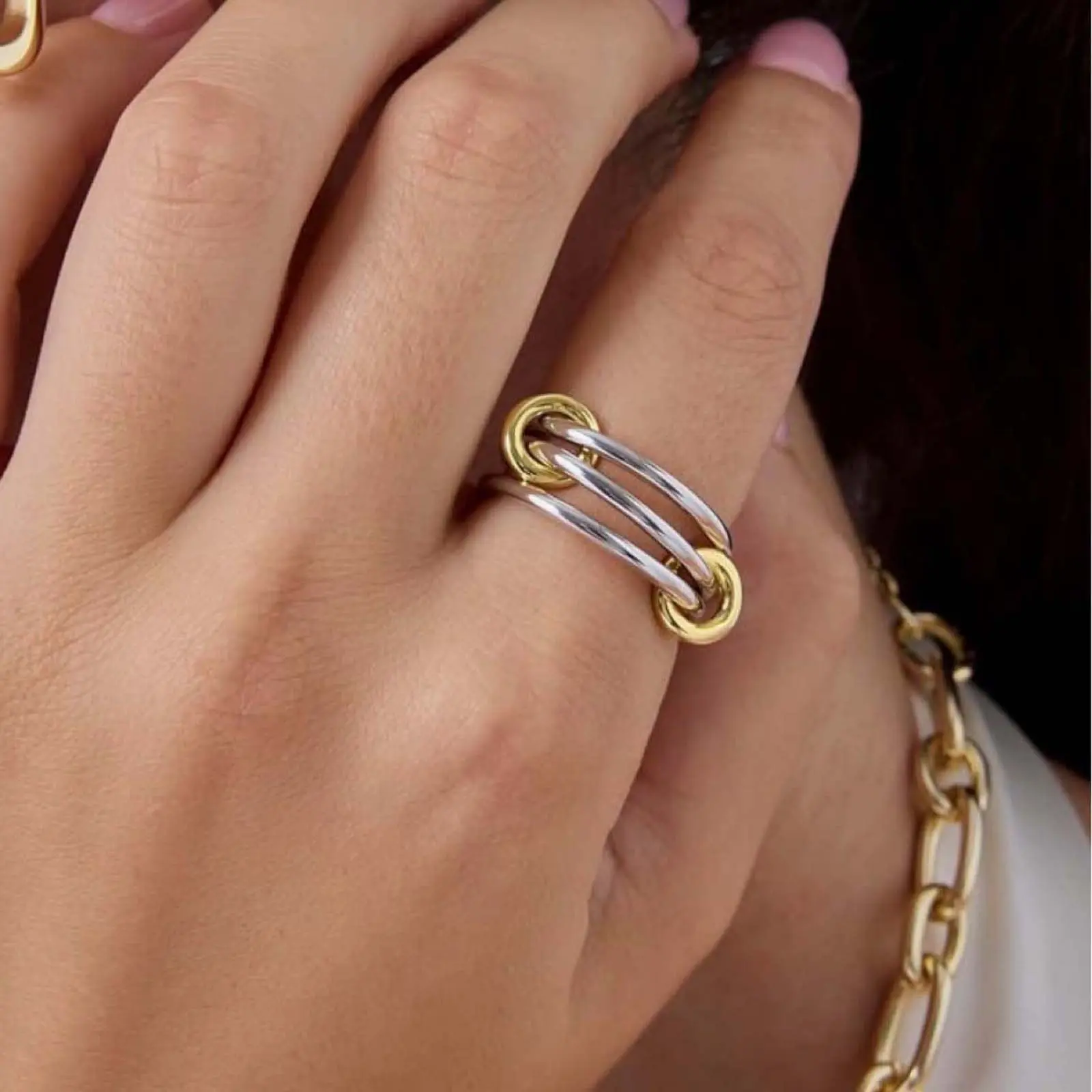 Zircon Stainless Steel Interlocking Double Band Ring for Women – Two-Tone Stackable  Jewelry Gift