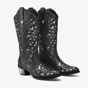 LUNETTA Cowboy Boots for Women Western Square Toe Mid Calf Cowgirl Boots Glitter Sparkle Rhinestone Chunky Wedding Shoes for Bride Durable Outsole Waterproof Platform White Lace Footwear Bota Bathroom Bota