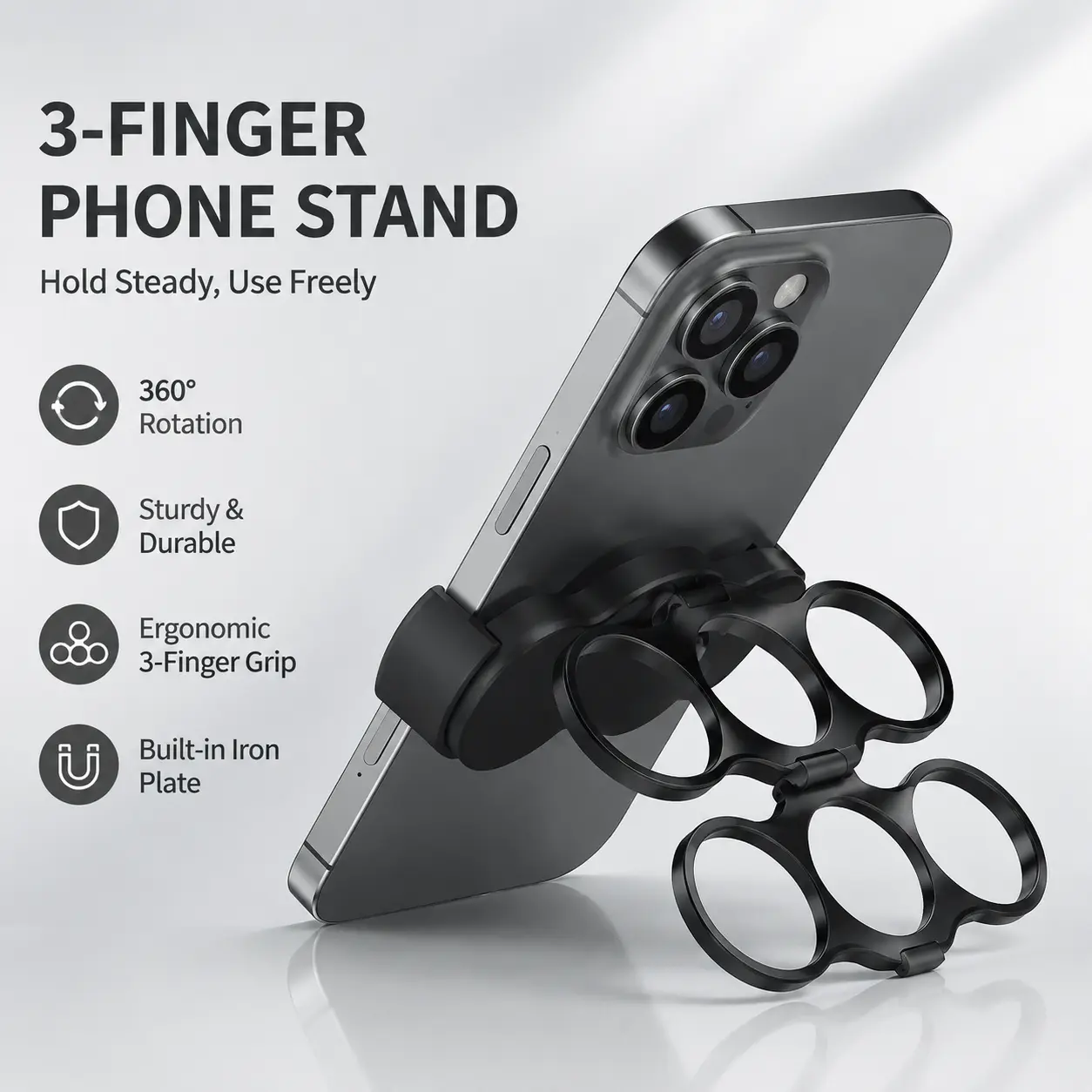 1 Count, 3-Finger Clip Mobile Phone Ring Stand, 360 Degree Rotatable with Built-in Iron Plate, for Desktop Entertainment Office Work and Car Use