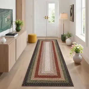 Garvee 2x6 Braided Hallway Runner Rug - Machine Washable, Non Slip, Stain Resistant Kitchen and Farmhouse Carpet - Rustic Modern Printed Area Rug for Living Room and Bedroom in Crimson/Earthy