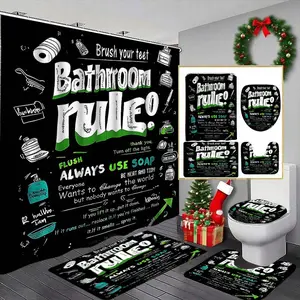 Creative Bathroom Rule Shower Curtain Set, 1pc/4pcs, Includes 12 Hooks, Non-Slip Bath Mat, U-Shaped Toilet Lid Pad, Moving Gift