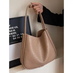 Women's Fashionable Solid Braid Tote Bag, Casual Large Capacity Shoulder Bag for Work, Retro High-quality Textured Commuter Bag