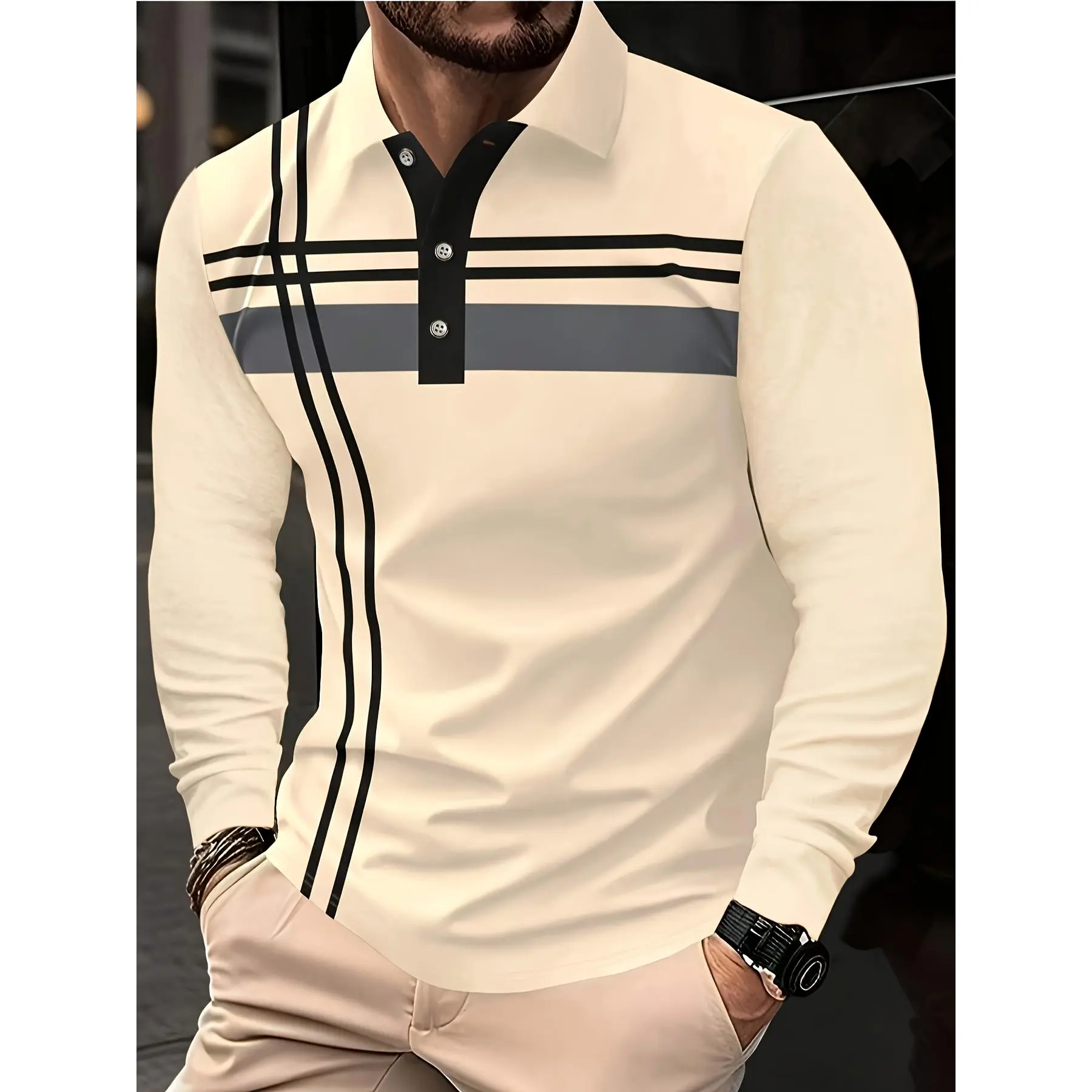 Men's Long-Sleeve Athletic Polo Shirt - Slim Fit Compression Menswear Longsleeves Sporty Chic Top, Breathable Stretch Ribbed Gym Running Machine Wash Casual Sportswear for Spring Summer Fishing UV Protection