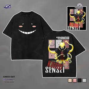 Men's Koro Sensei Anime Graphic T-Shirt, Vintage Acid Wash Heavyweight Cotton Unisex Short-Sleeve Streetwear Gift Seamless Fabric Clothes