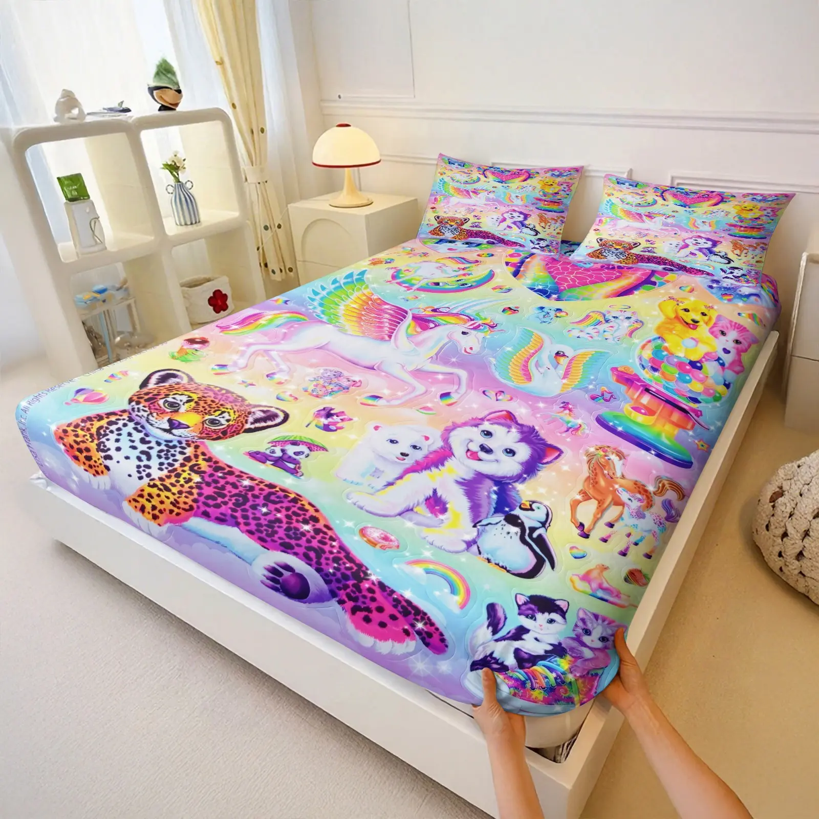 Rainbow Unicorn Bedding Set, Includes 2 Coreless Pillowcases, Soft Comfortable Mattress Protector, Cute Bedding, Home Master Bedroom Cure Sense, Unicorn Theme, Cartoon Printed Bedding
