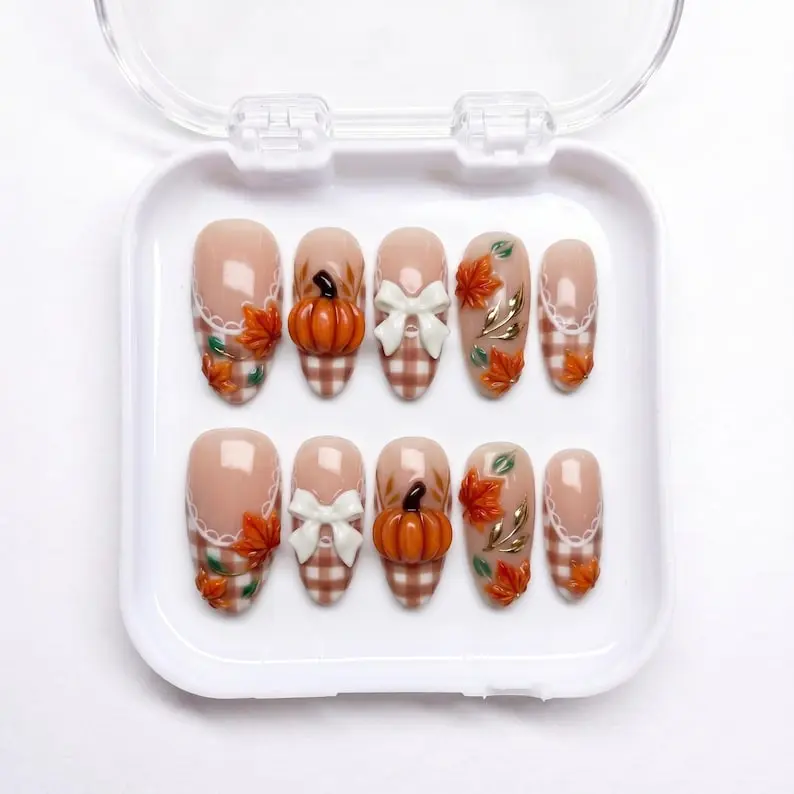 Fall Bow Pumpkin Press On Nails, Maple Leaf Plaid Handmade Nails, Harvest Fake Nails, Elegant Glue On Nails