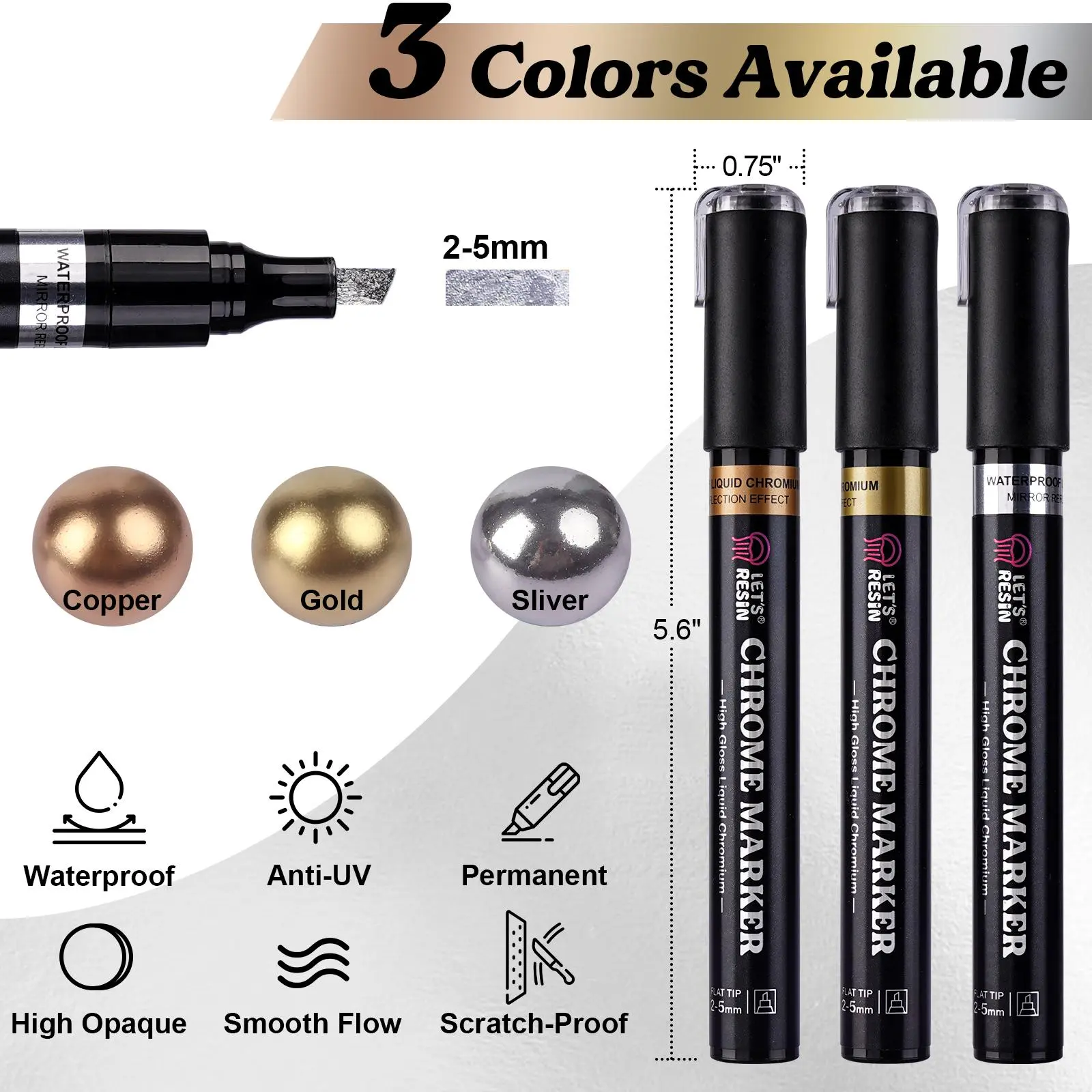 LET'S RESIN Liquid Mirror Chrome Metallic Markers, Reflective Gloss, 2-5mm Large Application Area, 3-Color Art Tools/Supplies for Resin Art, DIY Craft