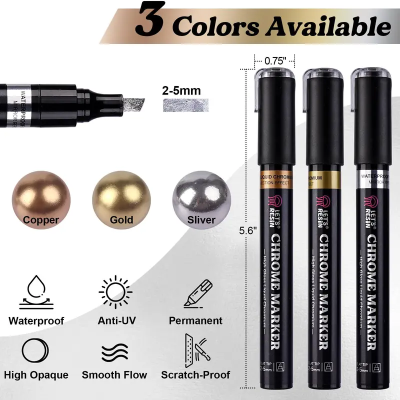 LET'S RESIN Liquid Mirror Chrome Metallic Paint Pens - Detailed Liquid Mirror Paint, 2-5mm Large Application Area, 3-Color Crafting Epoxy Resin Tools (Copper, Silver Markers & Highlighters Included) for Art, DIY Projects