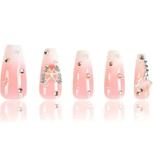 24 Medium-Length Ombre Rhinestone Press-On Nails with 3D Butterfly Design - Nail Care, Nail Art charms