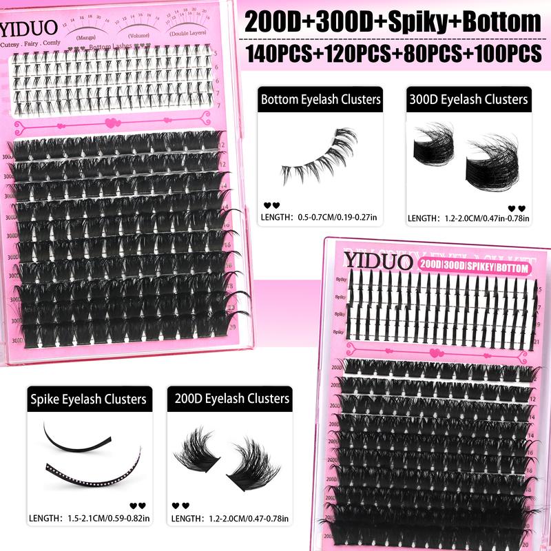 6 Styles Lash Cluster Kit, Spike/Bottom/80D/100D/200D/300D Volume Lashes, 980 Pcs 5–20 mm D-Curl Cluster Eyelash Extension Kit with Lash Bond and Seal (2 Bottles), Remover, Tweezers and Brush for Easy DIY at Home