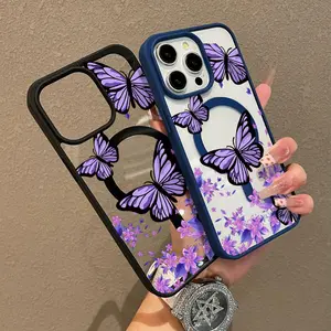 Purple Butterfly Floral Pattern Premium Magnetic Phone Cases for iPhone 17 Pro Max Plus 16 15 14 Pro Max 13 12 11 Plus TPU Slim Fitted Case with Non-Slip Design and Full Body Protection - Black