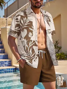 Men's oversized printed casual suit - Novel short-sleeved button-down top and fitted shorts set, made of polyester fabric, machine washable, summer beachwear, vacation clothing | Tropical print design | Polyester fabric, beachwear,