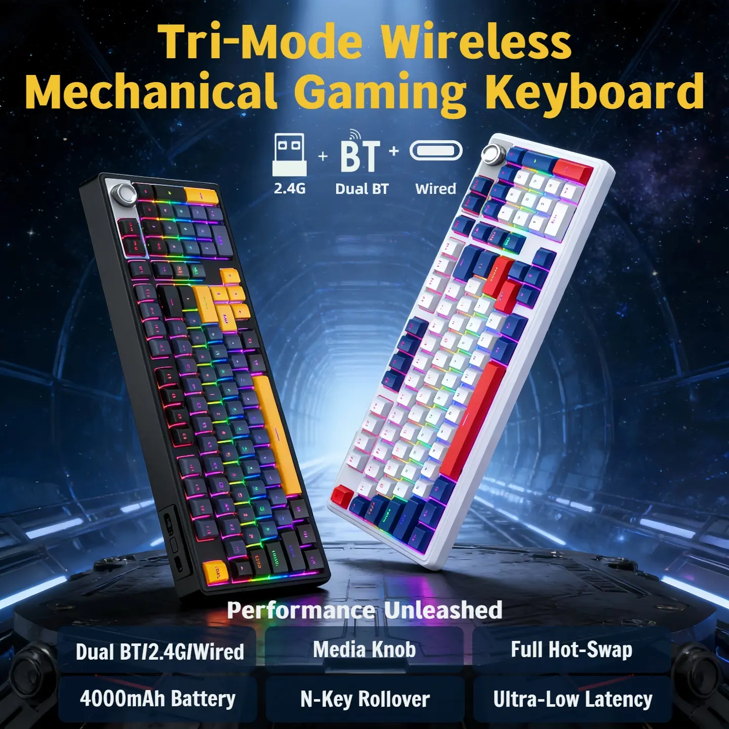 Tri-Mode RGB Wireless Mechanical Keyboard with Knob – Quiet Typing ...