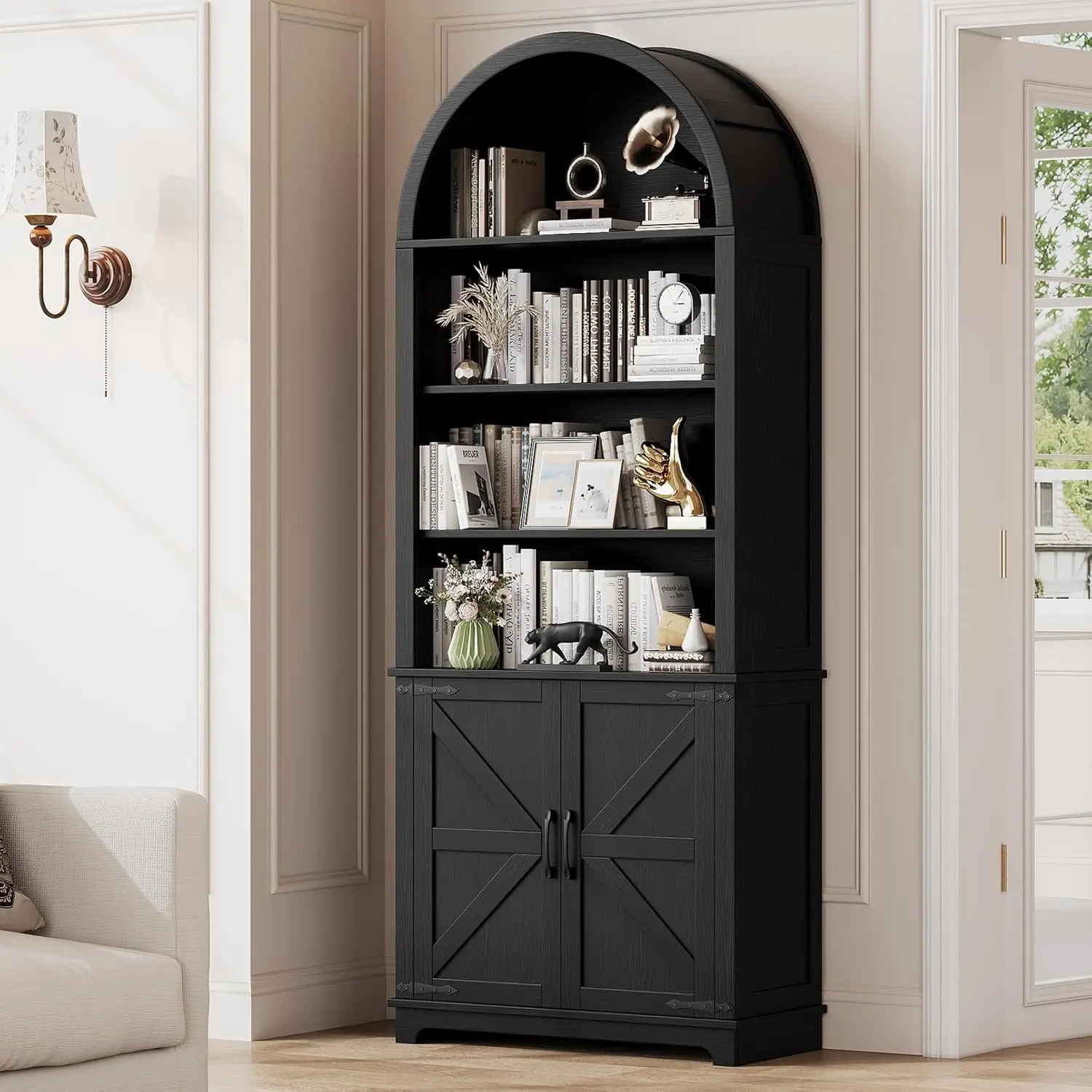 Vividwood 6-Tier Farmhouse Arched Bookshelf Cabinet, 70" Tall Wood Bookshelf with Wood Panels, Hidden Storage Doors & Open Shelves, Home Library Display Cabinet Living Room Office Furniture, Black, Display Cabinet Living Room Furniture