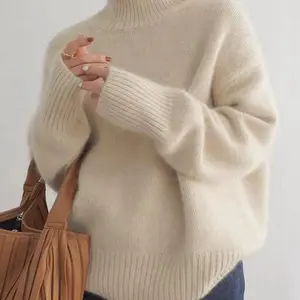 Women's Cropped Turtleneck Sweater Lantern Sleeve Ribbed Knit Pullover Sweater Jumper