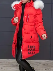 Girls New Thick Hooded Long Letter Print Jacket with Detachable Hat, Stylish Mid-Length Coat for Winter, Warm Outerwear for Teen Girls, Padded Winter Coat