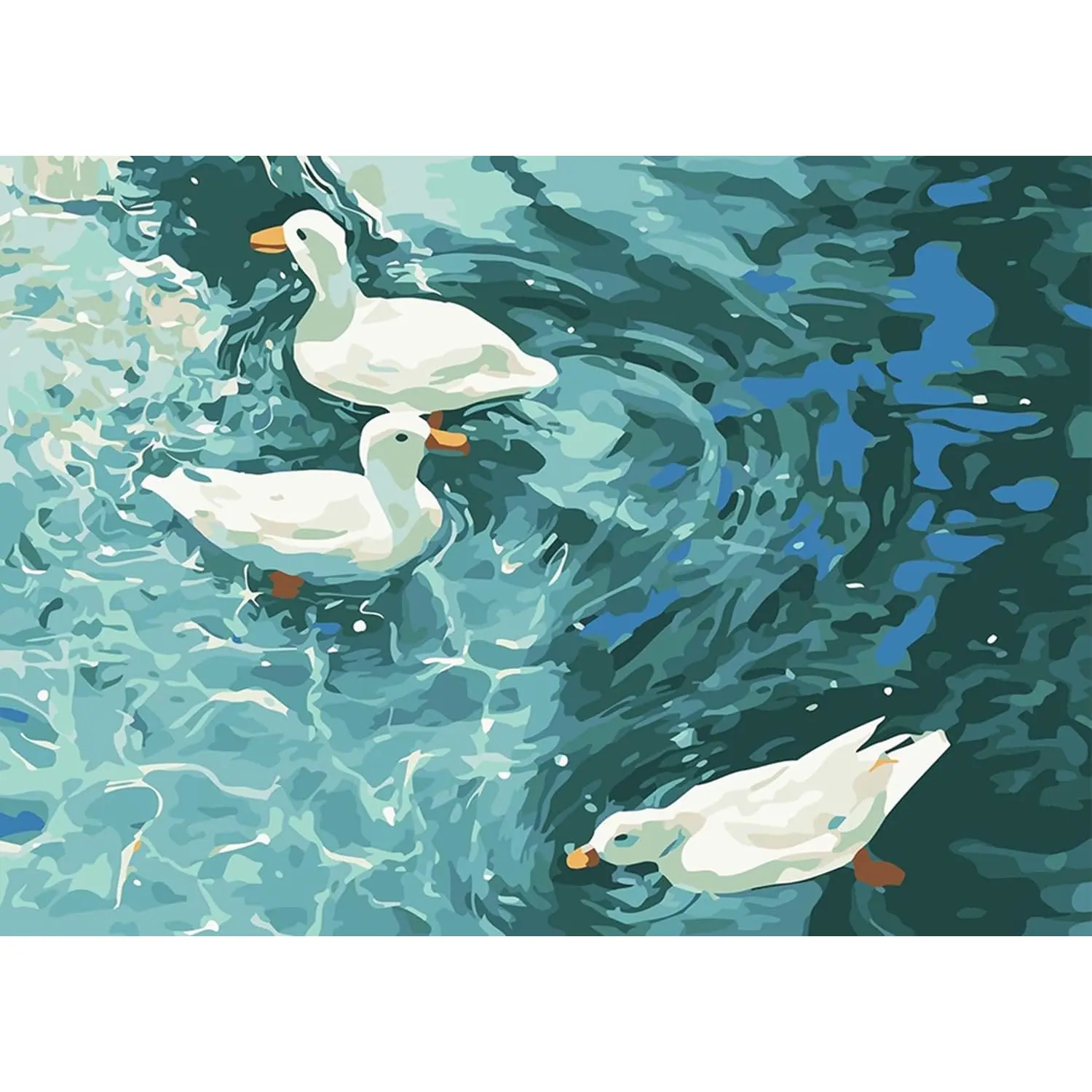 5D Diamond Painting Kit, Impressionist Brush-Stroke Nature Scene with 3 White Ducks Swimming in Rippling Blue-Green Water Pond, Crystal Rhinestone DIY Needlework Wall Decor Gift for Toys & Hobbies Enthusiasts