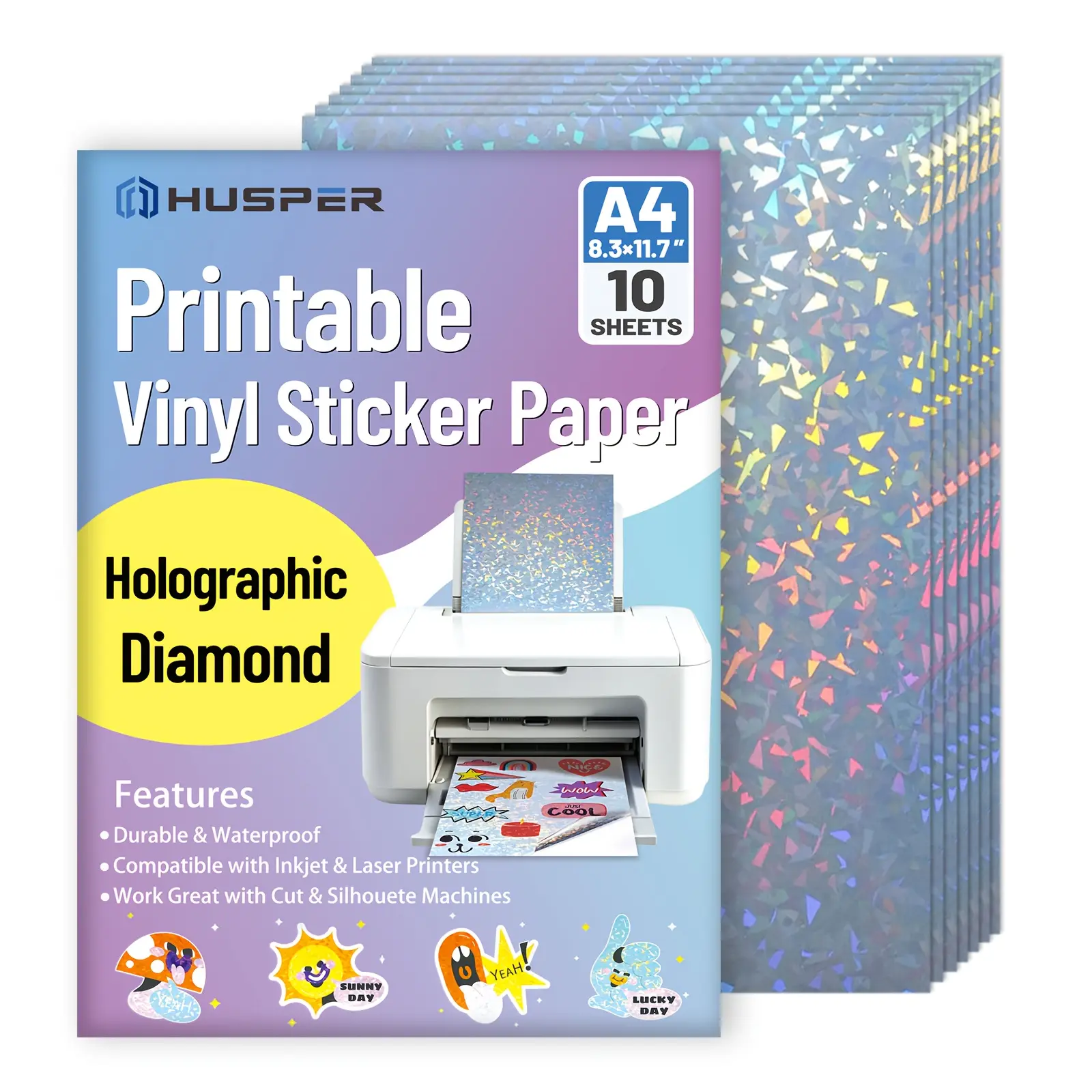 10pcs Holographic Diamond Vinyl Stickers, A4 Size, Waterproof, Self-Adhesive, Durable, Inkjet & Laser Printable, DIY Crafts, Decor, Gifts, DIY Decorative Stickers