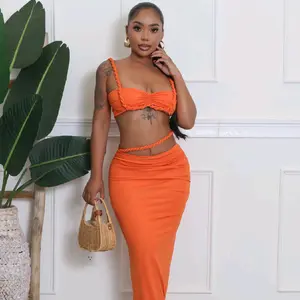 VACAY ME SKIRT SET ORANGE - Stylish Two-Piece Outfit with Braided Top and Matching Skirt for Summer Fashion