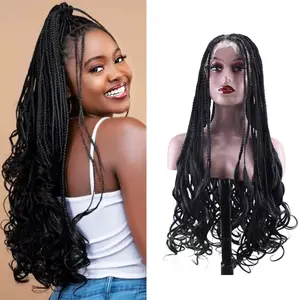 36 Inch Full Lace French Curly Braided Wig for Black Women, Long Box Braids Wig with Curly Ends, Synthetic HD Lace Front Wig Pre Plucked Baby Hair Natural Hairline Glueless Braided Wigs knotless braid