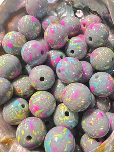 B86- (10PCS) 15mm Round Gray with Multi-Color Paint Splatters Acrylic Beads