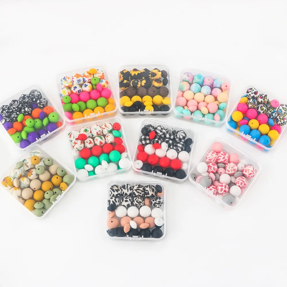 50pcs/box Silicone Printed Hexagonal Beads Round Beads Flat Bean Beads Assortment DIY Bead Set Suitable for Making DIY Keychains Bracelets Necklaces and Beaded Pens DIY Galaxy Beads