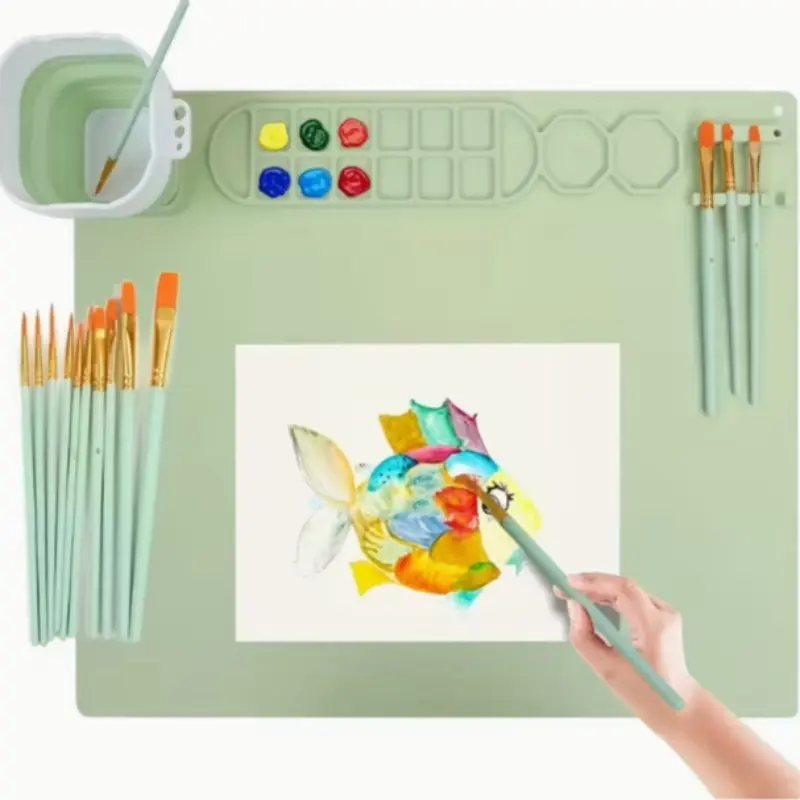 Silicone Painting Pad Set, 20"x16" Art Mat with Pen Holder and 10 Brushes, 14 Color Blocks, Perfect Gift for Halloween and Christmas, Painting Board, Art Drawing Supplies, Diy Painting Supplies, Art Sets