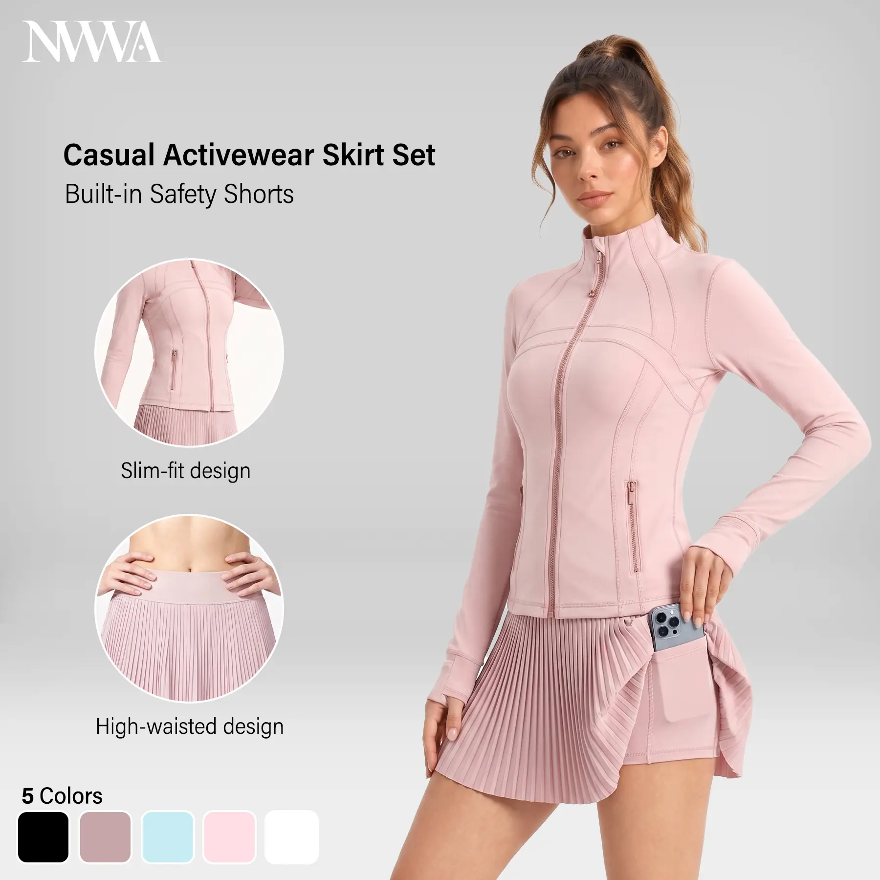 NVWA Women's 2-Piece Sports Clothing Set - Zip-Up Long Sleeve Jacket with Thumb Hole Cuffs, High-Waisted Slim-Fit Pleated Skort with Built-In Shorts for Golf, Tennis Workouts, Zip-Up Jacket, Female Wear