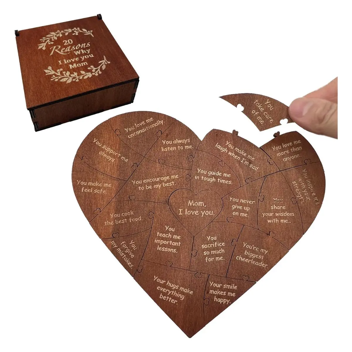 Wooden Mom Puzzle Gift Box – 20 Reasons Why I Love You Keepsake for Mother’s Day, Birthday & Christmas