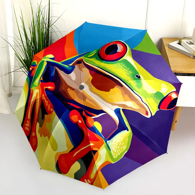 1 PC Automatic Folding Umbrella - Colorful Frog Illustration Pattern, Portable & Foldable Design with 8 Ribs, Merry Christmas Pattern,Casual Outdoor Accessory Halloween and Christmas Birthday Gifts. B0026