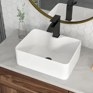 Logmey 16" x 12" White Ceramic Vessel Sink, Rectangular Above Counter Bathroom Sink with Curved Back, Modern Porcelain Vanity Sink with Standard Drain Opening, Memorial day