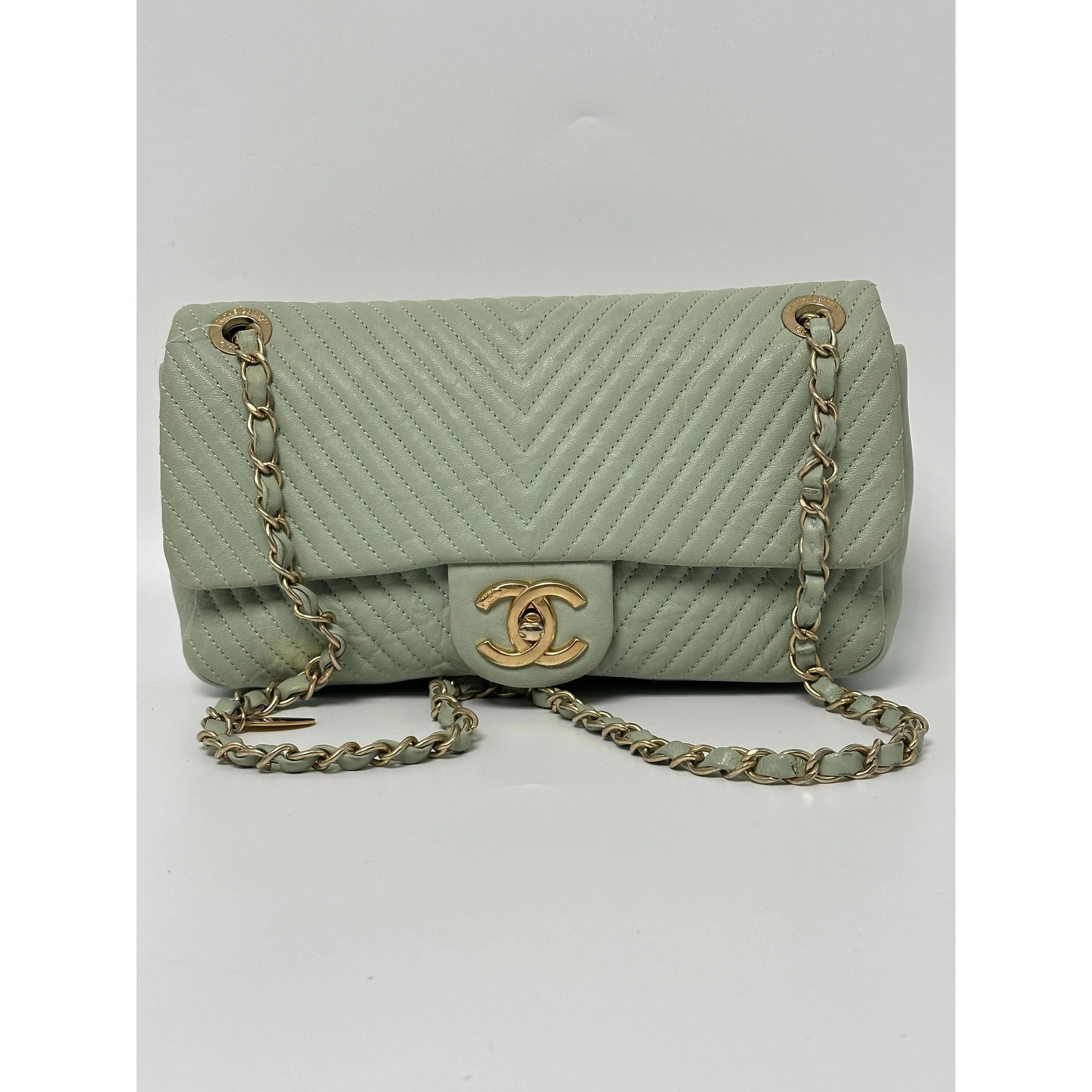 Pre-owned CHANEL leather Shoulder Bags Mint Sage Green Grained Calfskin Chevron Surpique Small Flap Shoulder Bag P016CC