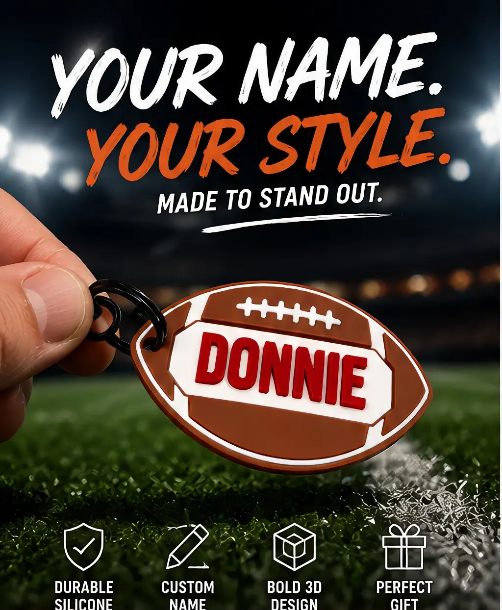 Custom Name Football Keychain - Durable Silicone, Bold 3D Design, Perfect Gift, Personalized with Your Name, Your Style, Made to Stand Out