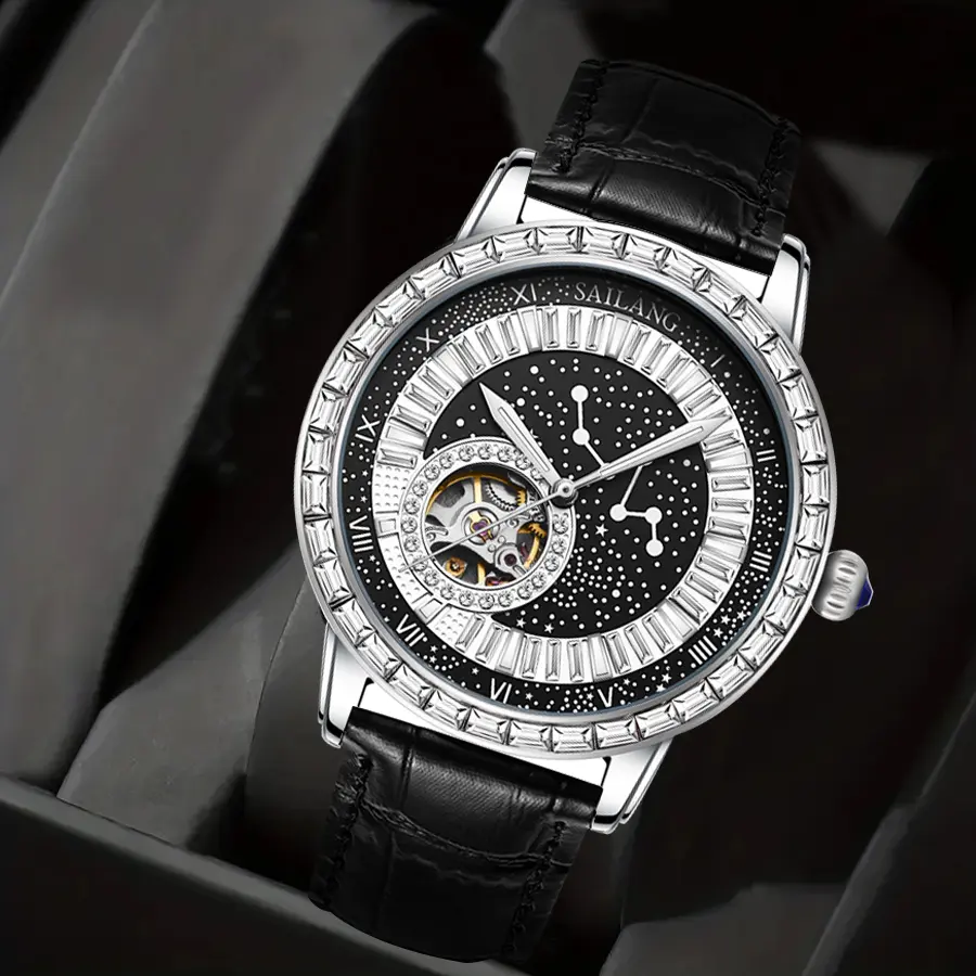 Black Swan Automatic Mechanical Analog Wristwatch, Unisex Fashion Business-Casual Designer Jewelry Watch, Hollow Rhinestone Round Dial, Battery-Free, Analog Watches, Automatic Wristwatch
