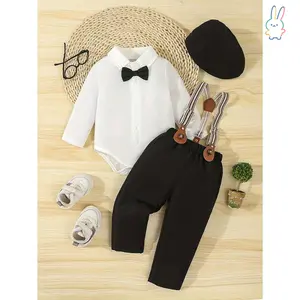 ERT-4-Piece Boys Gentleman Outfit Set Long Sleeve Jumpsuit with Bow Tie Solid Color Woven Fabric Loose Fit, with Suspenders and Hat, Suitable for Birthday, Party, Performance, Wedding, Baptism Spring/Autumn Series, Outdoor, Boys Suit Set