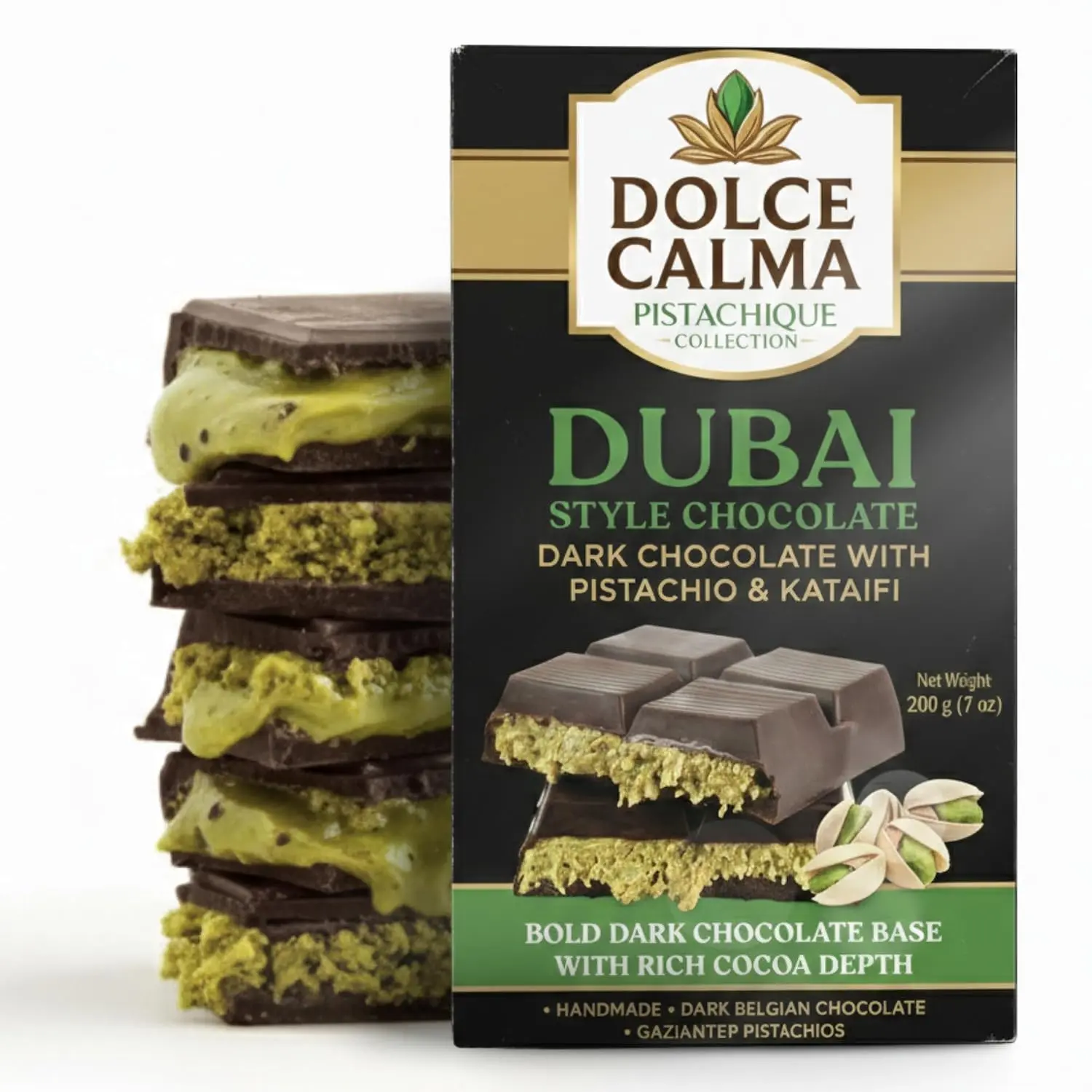 Dolce Calma Dark Dubai Chocolate Bar (200g/7oz) - Authentic Handmade Belgian Chocolate with Turkish Pistachio, Crispy Kataifi, Kunafa Filling, No Palm Oil, Ships with 1 Ice Gel Pack