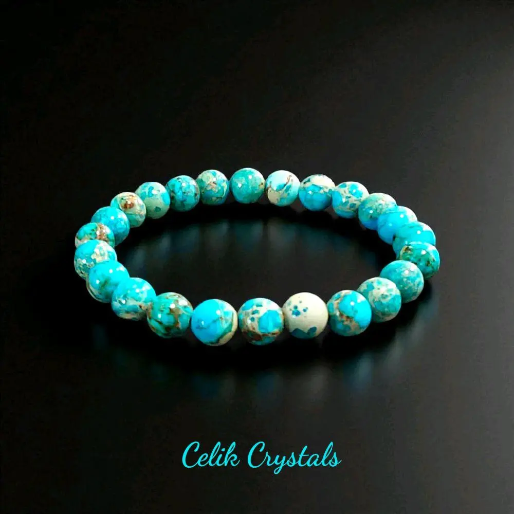 Imperial Jasper Bracelet 8mm Unisex Design Stretch Crystal Bracelet - Turquoise, Red, Blue & Purple Natural Grounding Jewelry