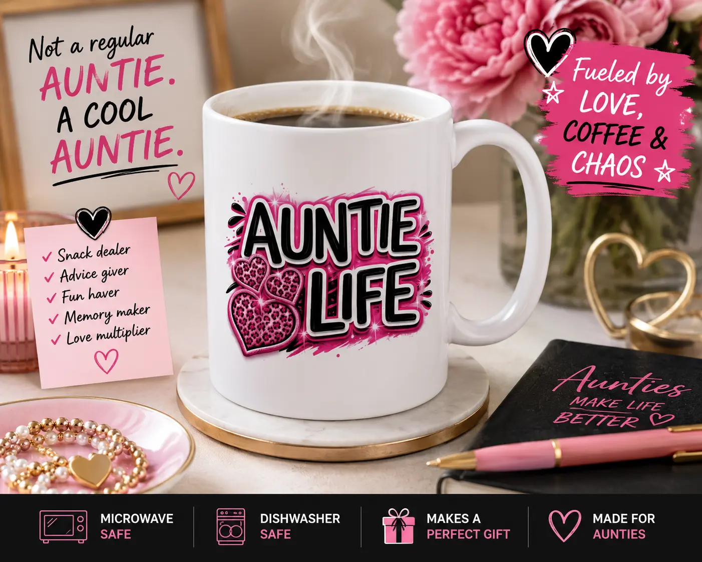 Auntie Life Coffee Mug | Funny Aunt Mug | Aunt Gift Coffee Cup | Pink Leopard Heart Mug | 11oz Ceramic Auntie Mug