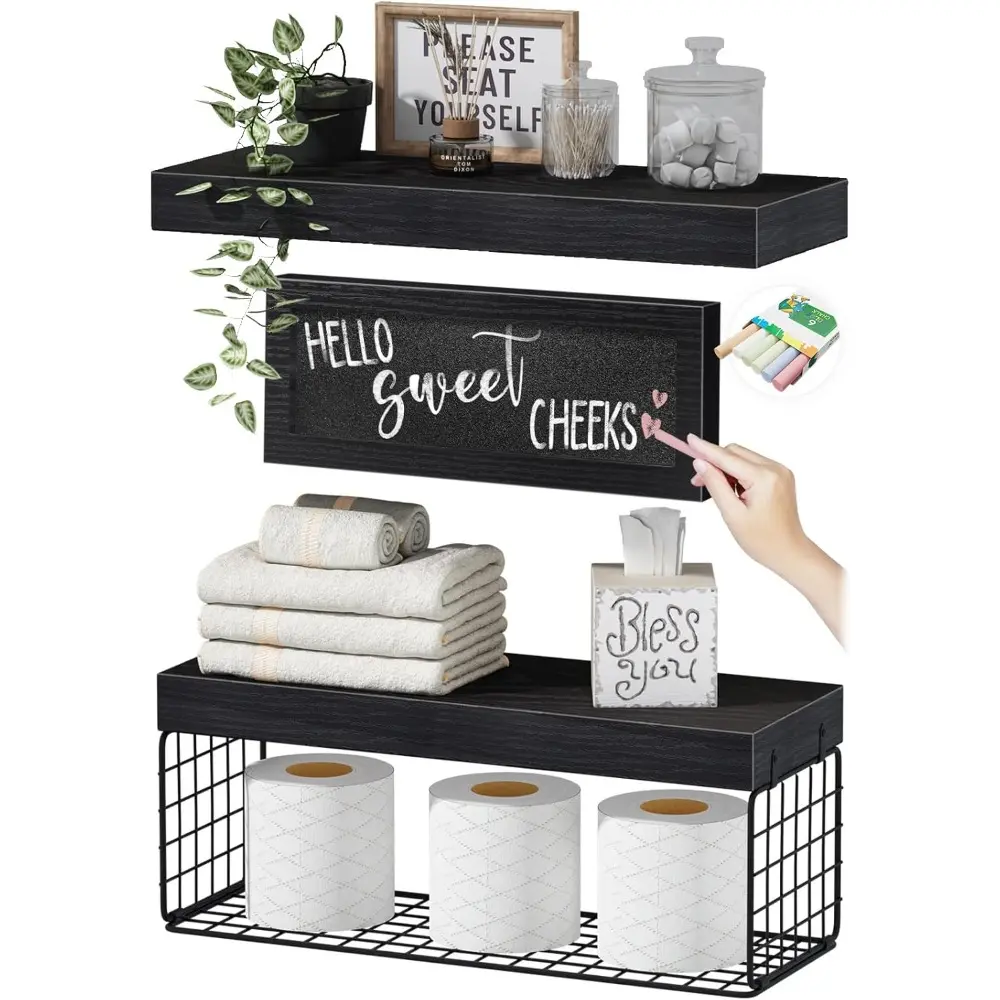 Black Farmhouse Metal Wall-Mount Over-The-Toilet Bathroom Shelves Set (2+1) - 15.7" w x 6.7" d x 1.5" h, 2 Floating Shelves, Ample Depth, Steel Construction, Chalkboard Accent, Toilet-Paper Storage Box (021B)