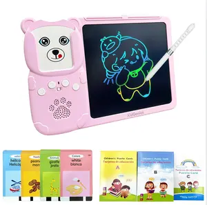 KidGenius Pink Bear Bilingual Flashcard Tablet, 255 Cards with 510 Words, Sound Electronic Toy & LCD Drawing Pad, Self-Learning Toy for Kids 3-7, Ideal for Home & Preschool, Perfect Birthday Gift
